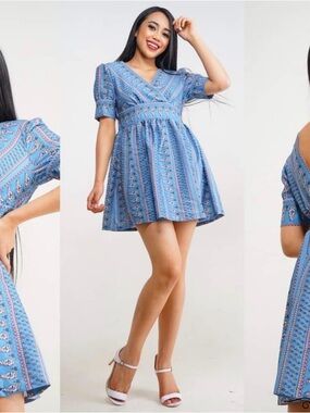 Blue Paisley Print V-Neck Mini Dress